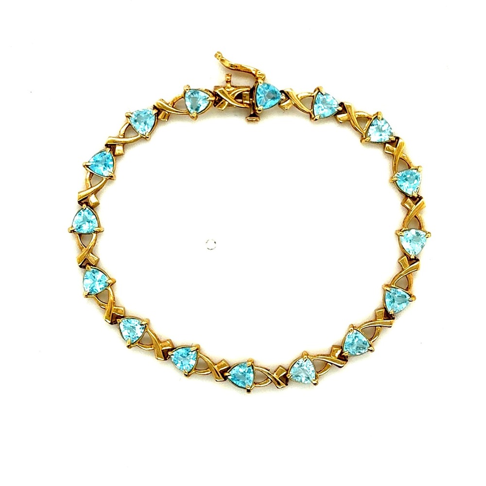 10k Yellow Gold Trillion Blue Gemstone X Motif Tennis Bracelet 7.25 Inch 7.2g